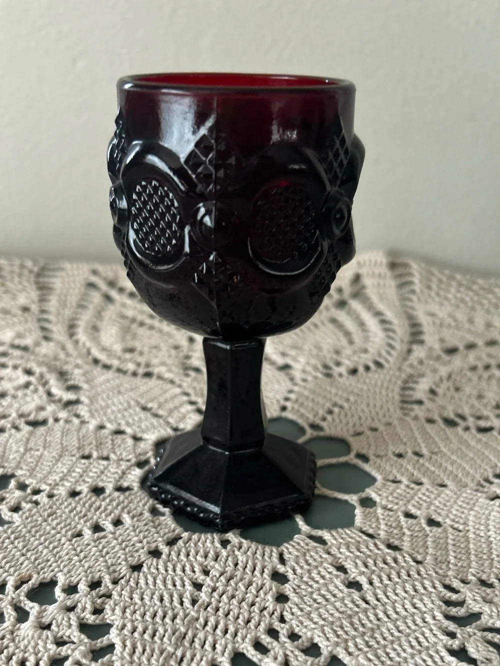 Vintage Avon Cape Cod Ruby Red Glass Cordial Goblet Pedestal Wine Glass 3.5”